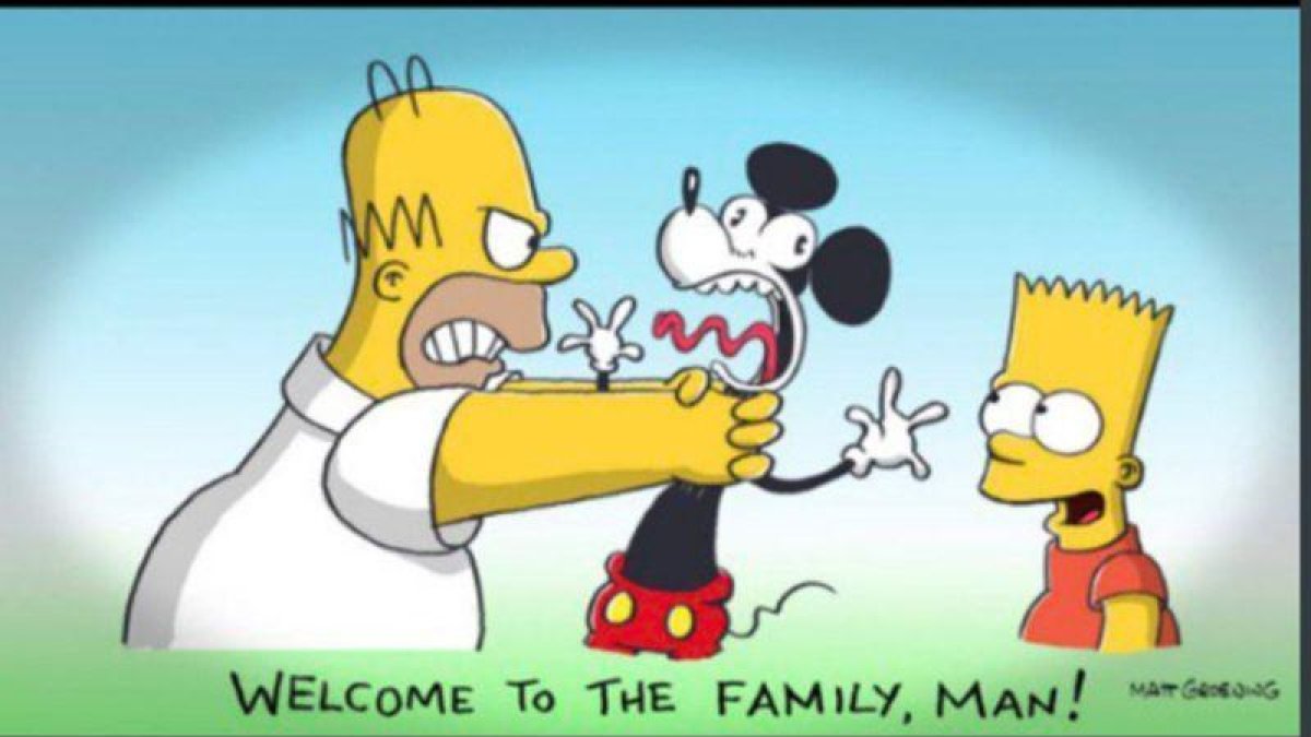 Caricatura de Homer, Bart y Mickey Mouse publicada en Twitter.-
