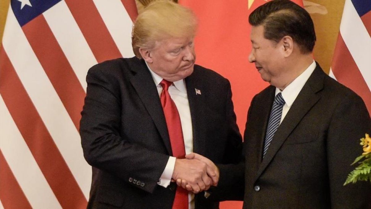 Trump (izquierda) estrecha la mano de Xi al final de su conferencia de prensa conjunta, en Pekín, el 9 de noviembre.-/ AFP / FRED DUFOUR