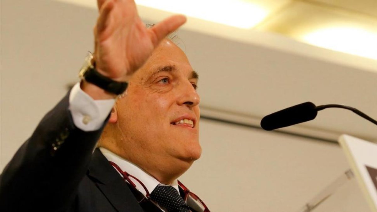 Javier Tebas, durante su discurso en un desayuno de Europa Press.-/ JUAN MANUEL PRATS