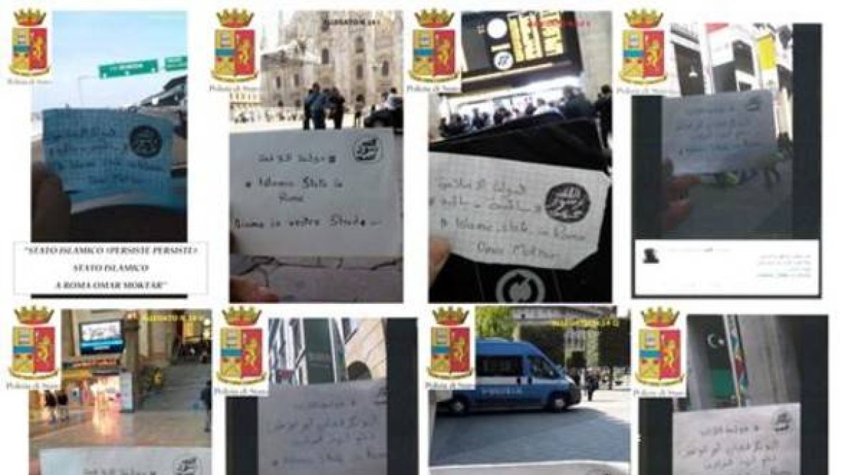 Fotos hechas por los detenidos con mensajes del Estado Islámico ante monumentos en Italia.-
