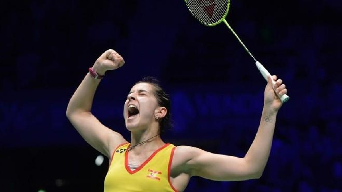 Carolina Marín, en éxtasis tras ganar un partido.-