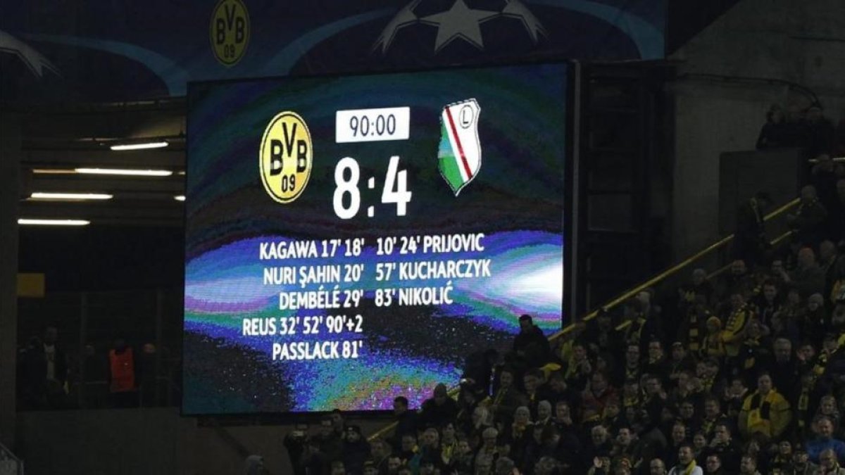 Imagen del marcador que registró el récord de anotación de un partido de Champions League.-EFE / INA FASSBENDER