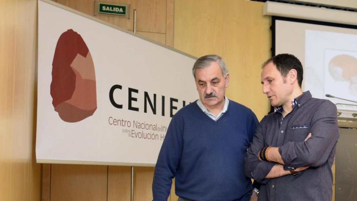 Bemúdez deCastro y Emiliano Bruner, junto a los fósiles del estudio.-ICAL