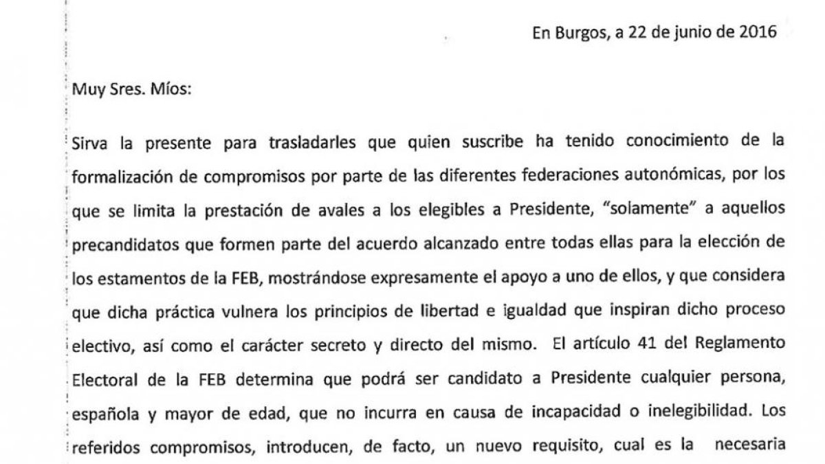 Carta enviada por Benavente alTADy a la Junta Electoral de la FEB.-ECB