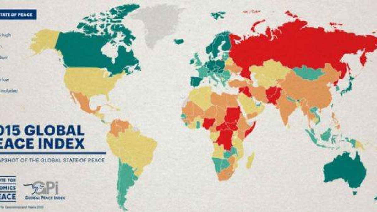Mapa sobre los países más pacíficos y los más conflictivos del mundo.-Foto: GLOBAL PEACE INDEX 2015