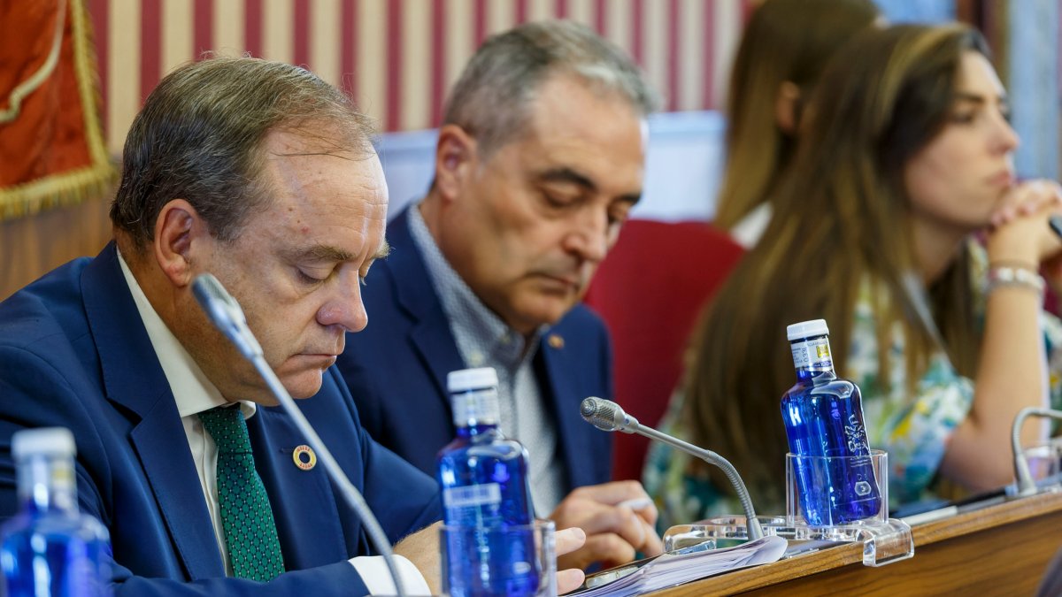 Fernando Martínez-Acitores y Ángel Martín, concejales de Vox, durante un pleno municipal. SANTI OTERO