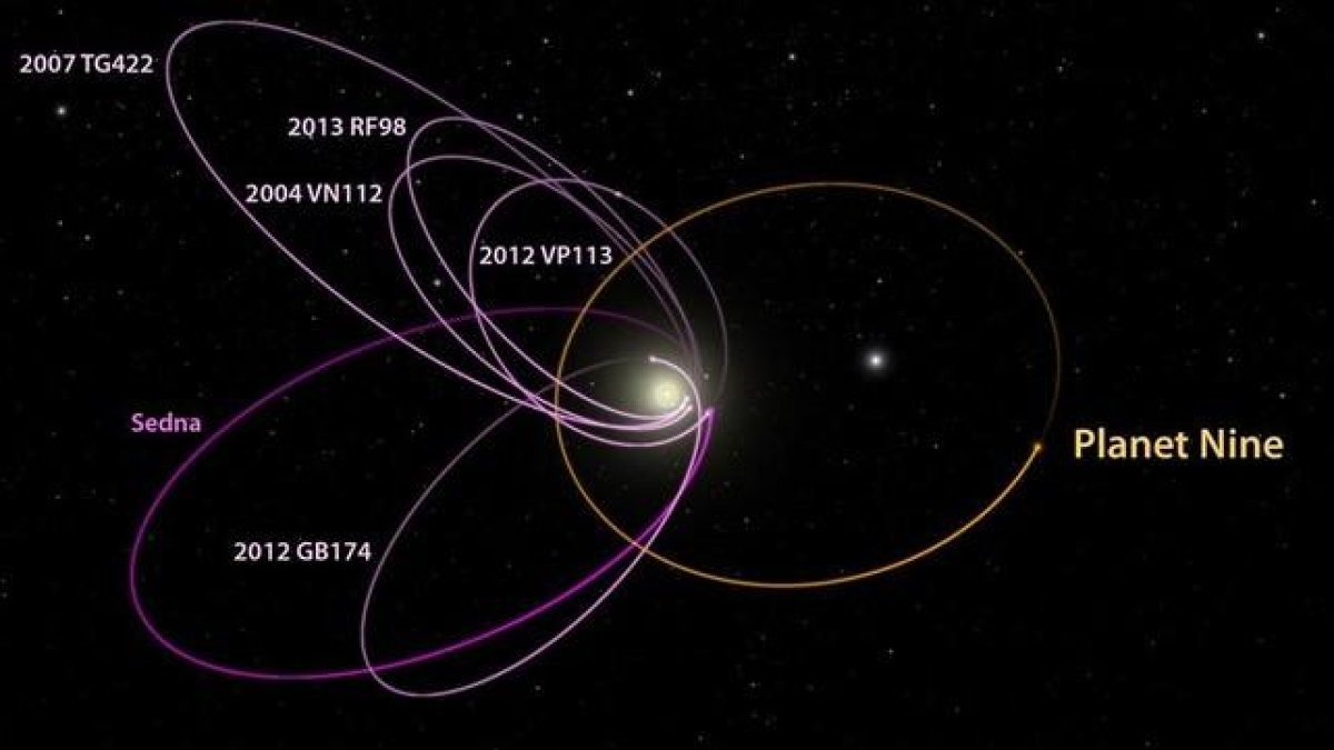 Orbita estimada del supuesto planeta nueve o noveno planeta del sistema solar, junto a la de otros objetos del cinturon de Kuiper.-CALTECH