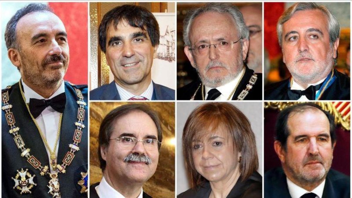 El tribunal: de izquierda a derecha y de arriba a abajo, Manuel Marchena, Antonio del Moral, Luciano Varela, Juan Ramón Berdugo, Andrés Palomo, Ana Ferrer y Andrés Martínez Arrieta.-EL PERIÓDICO
