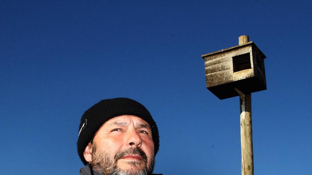 Fernando Garcés, junto a uno de los nidales instalados en Tierra de Campos.-BRÁGIMO