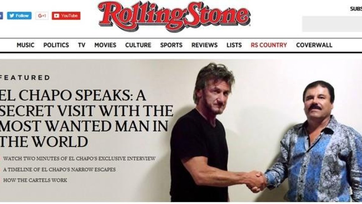 Imagen de la portada de la web de 'Rollin Stone' con la noticia de la entrevista entre Sean Penn y 'el Chapo' Guzmán.-