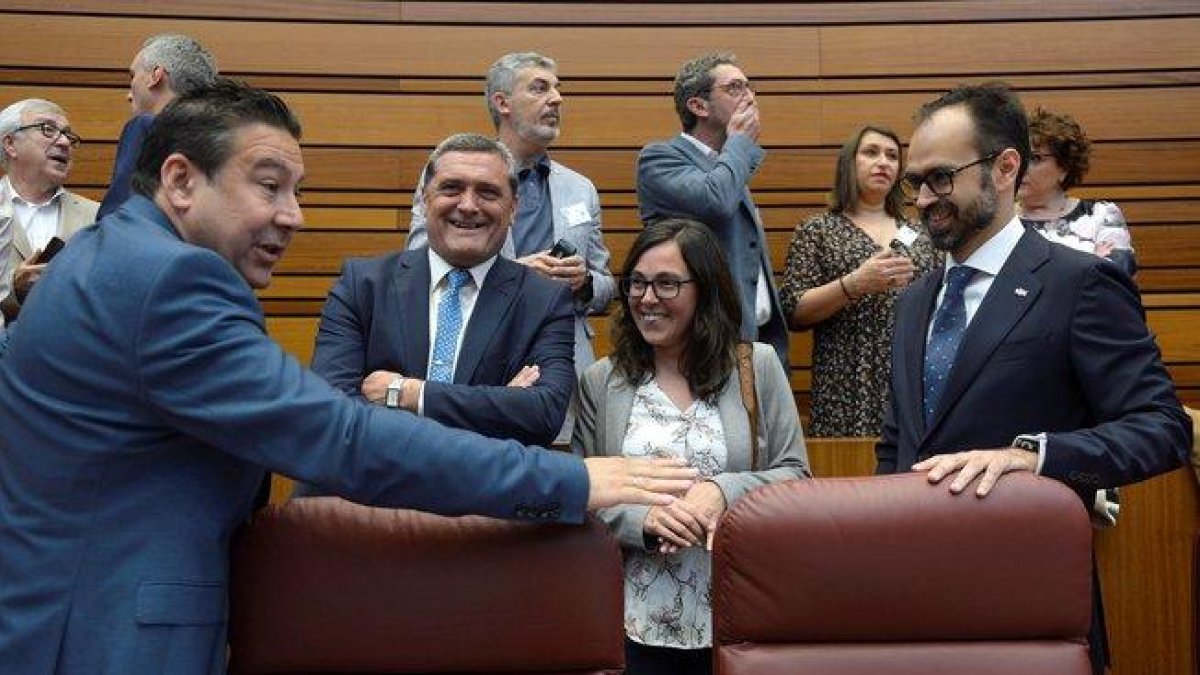 De izq a dcha, los procuradores que formarán el Grupo Parlamentario Mixto en las Cortes de Castilla y León, Luis Mariano Santos (UPL), Pedro Pascual (XAV), Laura Domínguez (Podemos) y José Maria García (Vox), conversan.-EFE
