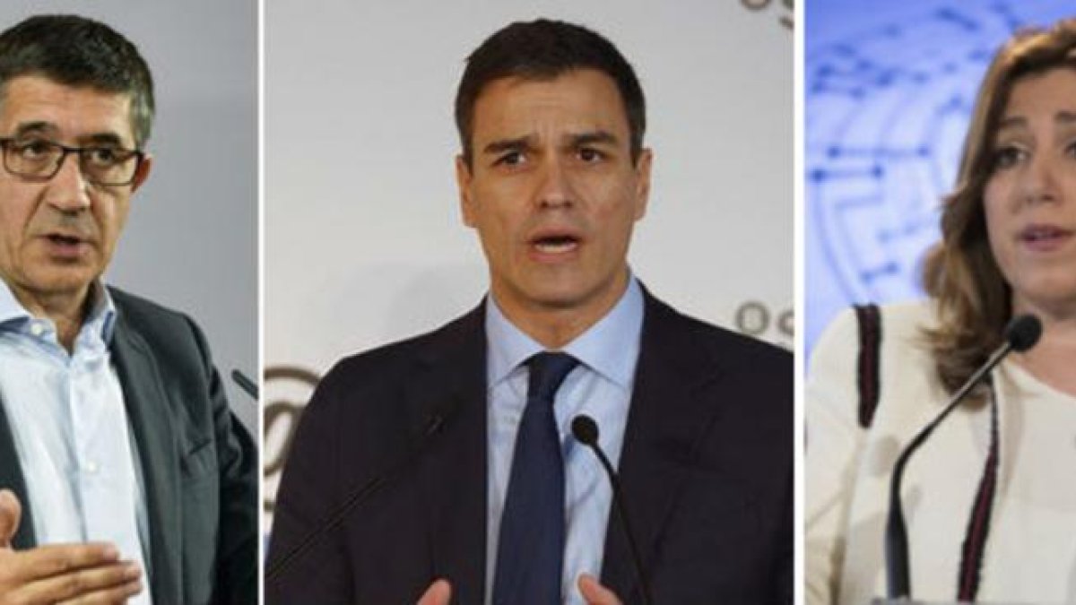 Patxi López, Pedro Sánchez y Susana Díaz, los tres precandidatos a las primarias del PSOE.-