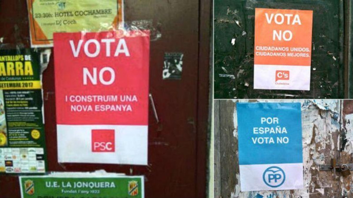 Carteles de la campaña falsa que llama a votar no el 1-O en nombre del PSC, Ciutadans y PPC.-TWITTER / PERIÓDICO