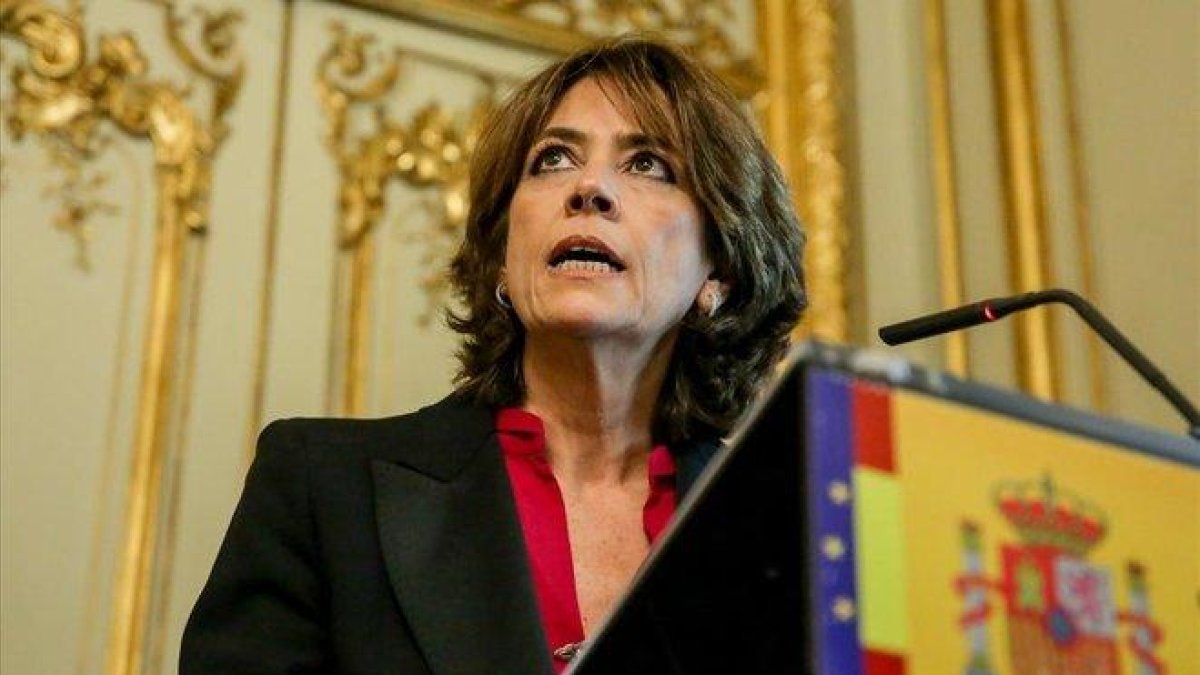 Dolores Delgado, durante su discurso de despedida del cargo de ministra de Justicia, el pasado lunes 13 de enero.-RICARDO RUBIO (EUROPA PRESS)
