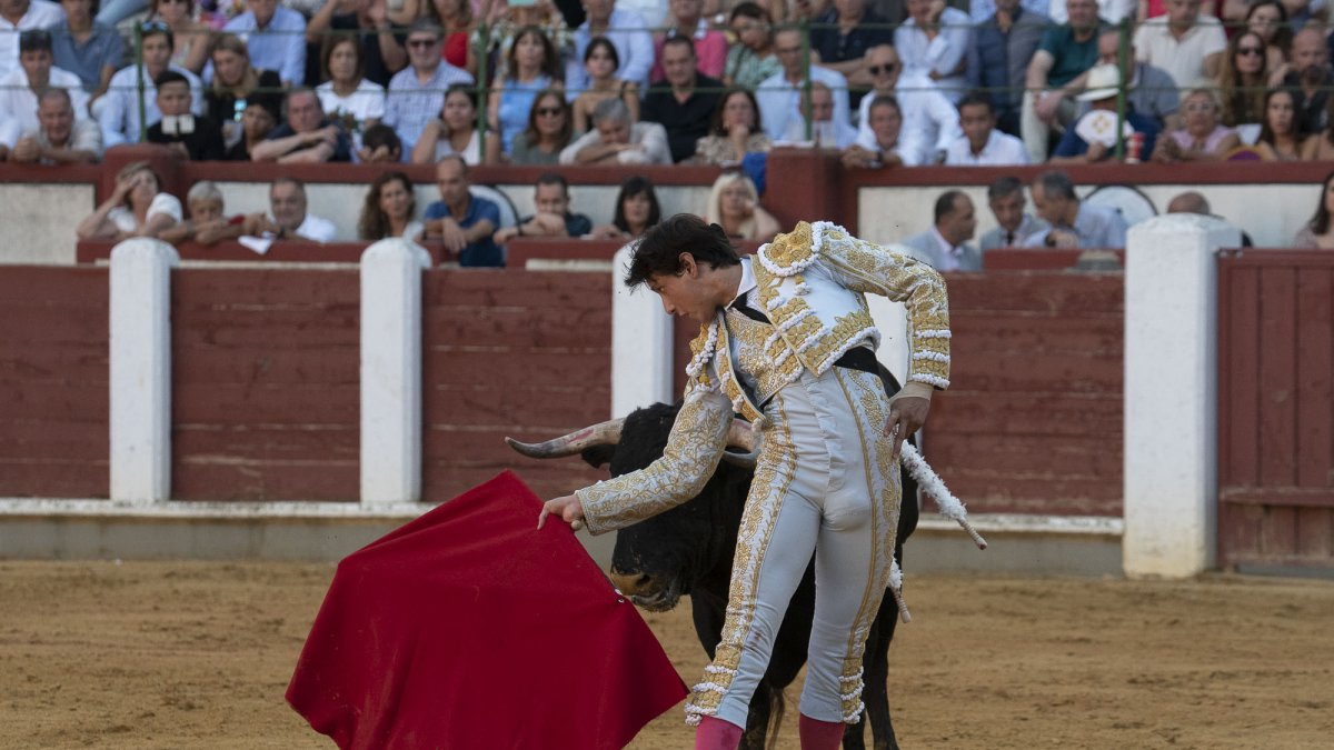 <p> Roca Rey, en un momento de la faena a uno los toros de su lote. JOSÉ SALVADOR </p>