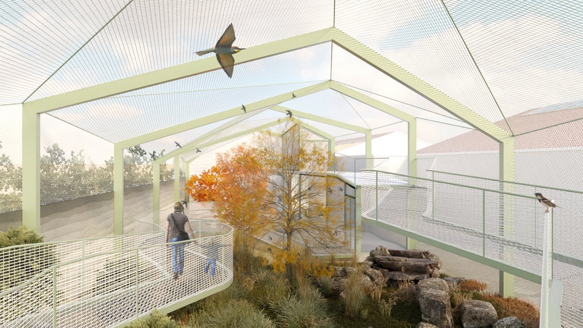 Recreación del recorrido por el nuevo aviario que completará el Centro de Biodiversidad. AJO TALLER DE ARQUITECTURA