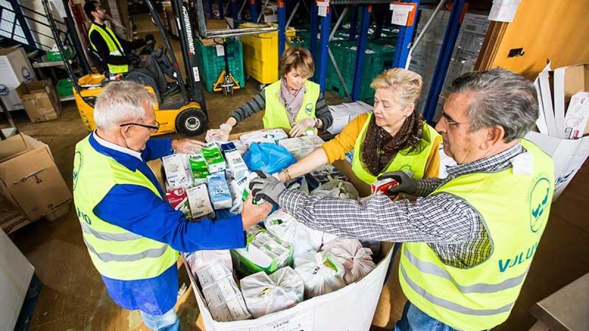 Un grupo de voluntarios prepara un envío de leche en las instalaciones del Banco de Alimentos.-ECB