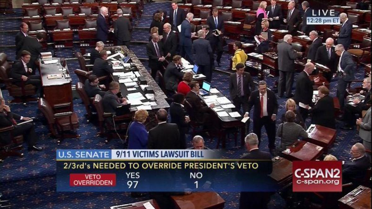 Captura de televisión del resultado de la votación en el Senado, contraria al veto de Obama, el miércoles.-AP