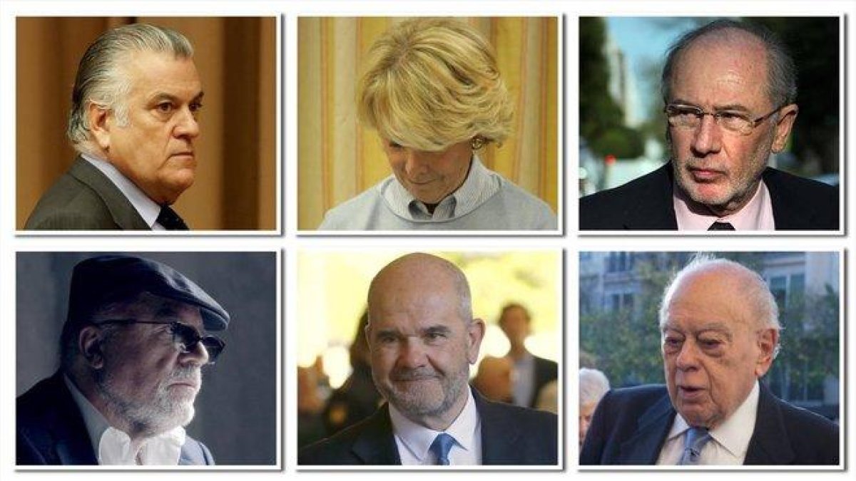 Arriba: Luis Bárcenas, Esperanza Aguirre y Rodrigo Rato. Abajo: José Manuel Villarejo, Manuel Chaves y Jordi Pujol.-