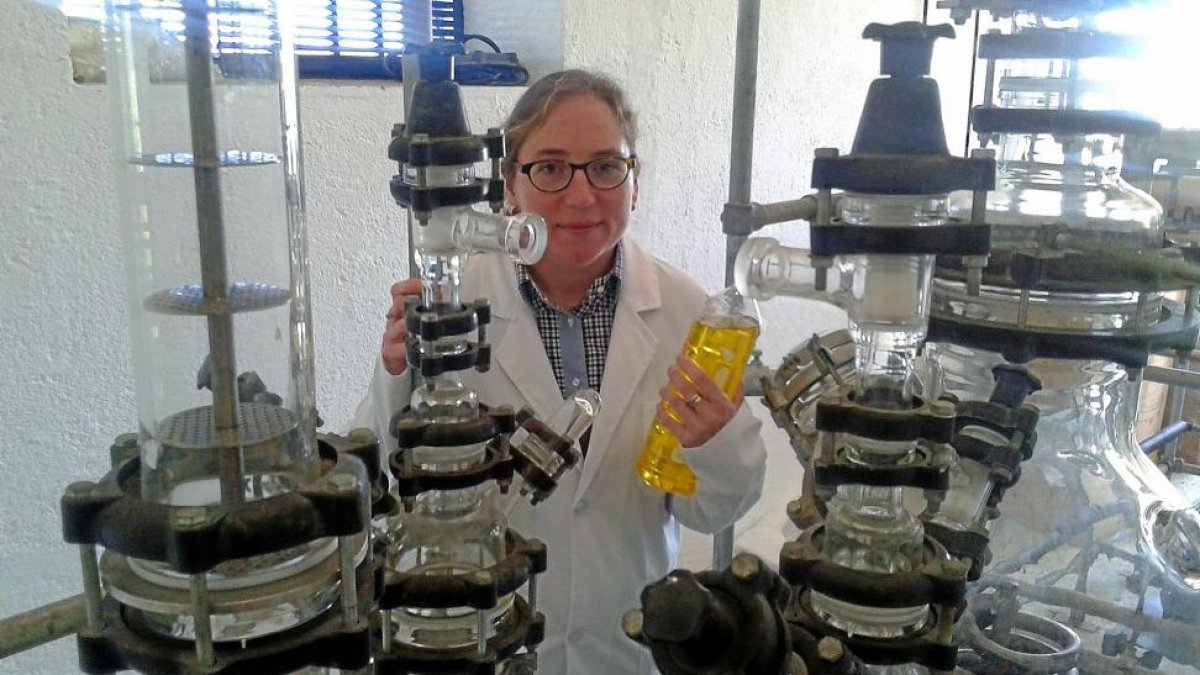 María del Pino Pérez, jefa del laboratorio de Análisis al Exterior de la UCAV, junto con los intrumentos que utiliza para desarrollar la investigación.-Antonio García