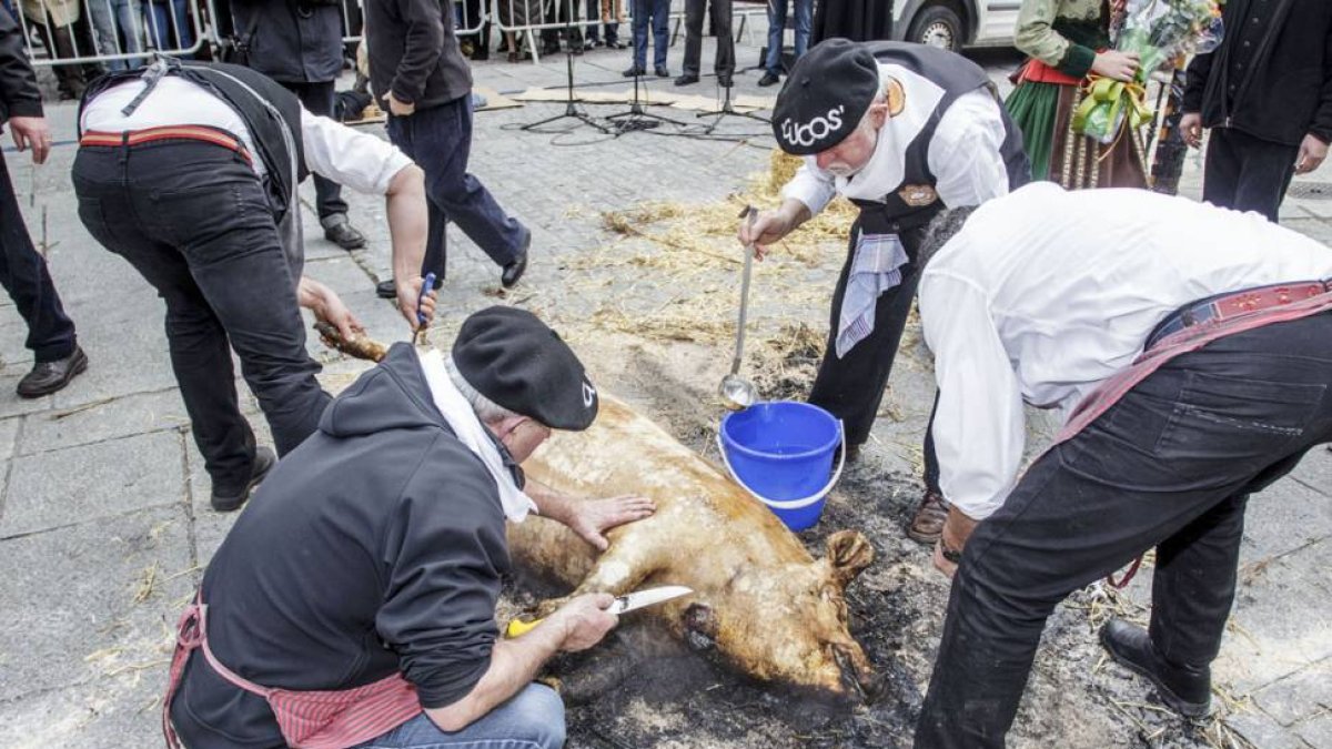 Miembros de la asociación lavan al animal, una vez chamuscado, para retirar la piel y los pelos.-SANTI OTERO