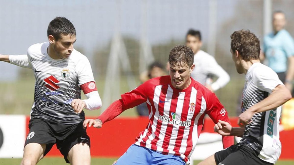 Sergio Esteban y Beobide presionan a un futbolista del Sporting B.-ARNALDO GARCÍA