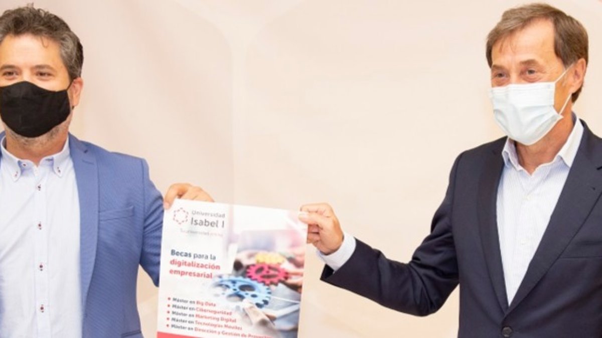 El presidente de la Asociación de Empresarios de Villalonquejar, Jorge Villaverde, y el Rector de la Universidad Isabel I, Alberto Gómez Barahona, durante la firma del acuerdo. ECB