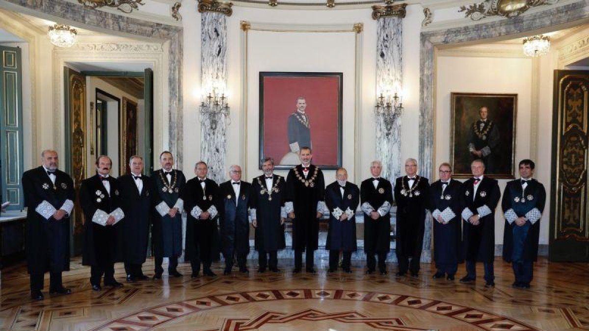 El Rey Felipe VI posa en la foto de familia, junto a los miembros del Consejo General del Poder Judicial.-ANGEL DÍAZ (EFE)