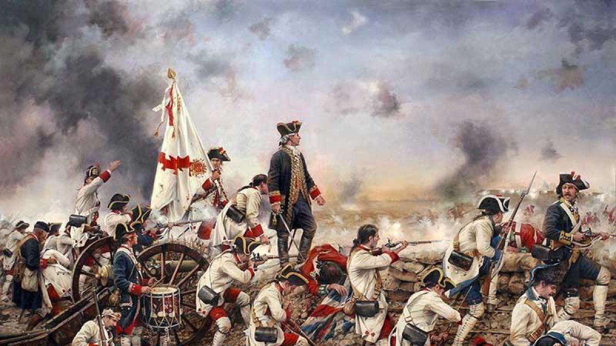 Lienzo de  Augusto Ferrer-Dalmau sobre la batalla de Pensacola dirigida por Bernardo de Gálvez.-