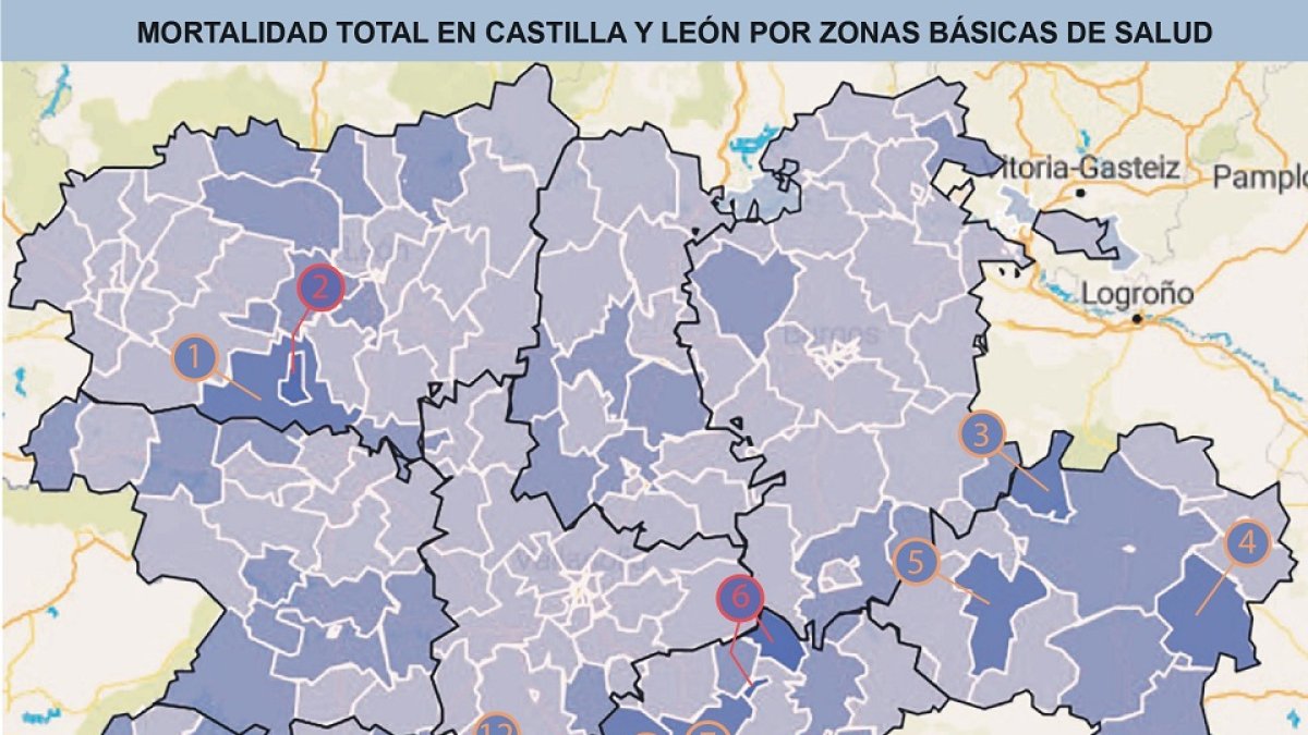 Gráfico de la tasa de mortalidad por zonas de salud básicas de Castilla y León. E. M.