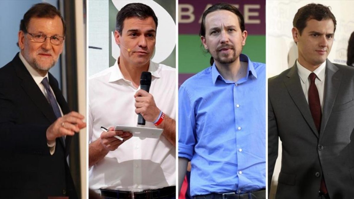 Los candidatos Mariano Rajoy, Pedro Sánchez, Pablo Iglesias y Albert Rivera, que cierran este viernes campaña electoral-