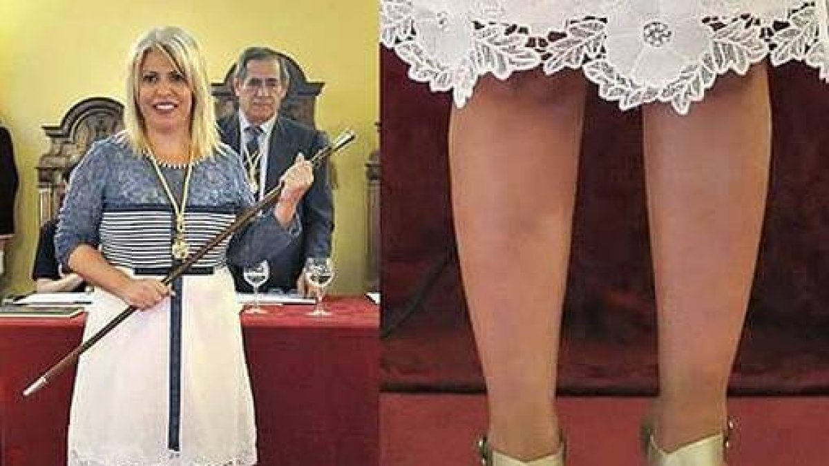 La alcaldesa de Jerez, Mamen Sánchez, el día de la investidura. A la derecha, detalle de sus zapatos.-