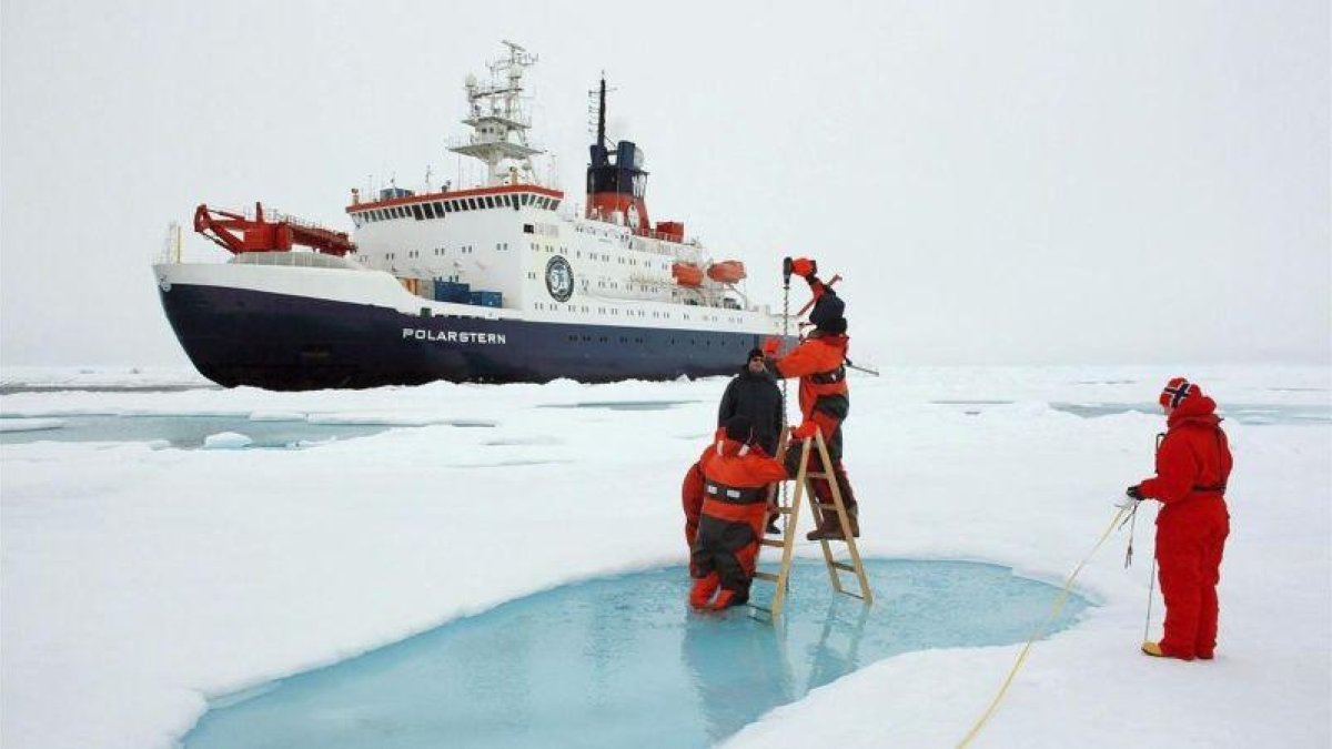 Científicos miden el grosor de la capa de hielo del Ártico cerca del Polo Norte.-STEFAN HENDRIKS (EFE)