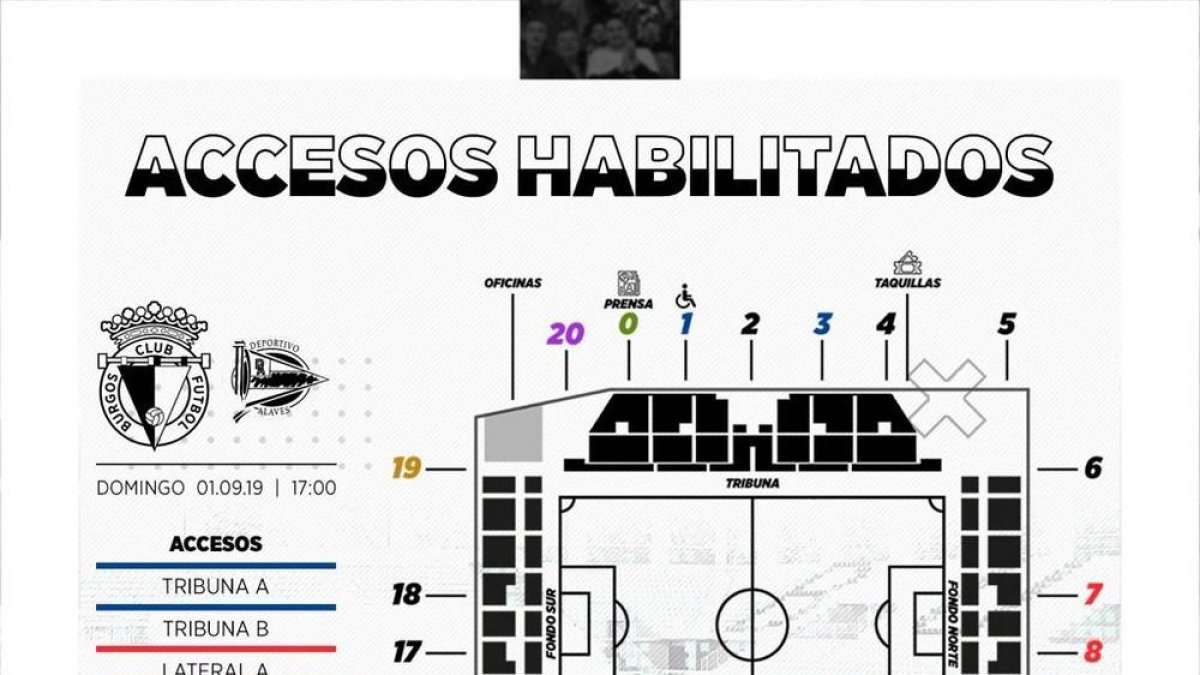Puntos de acceso facilitados por el Burgos CF para el partido de este domingo.-INFOGRAFÍA / BURGOS CF