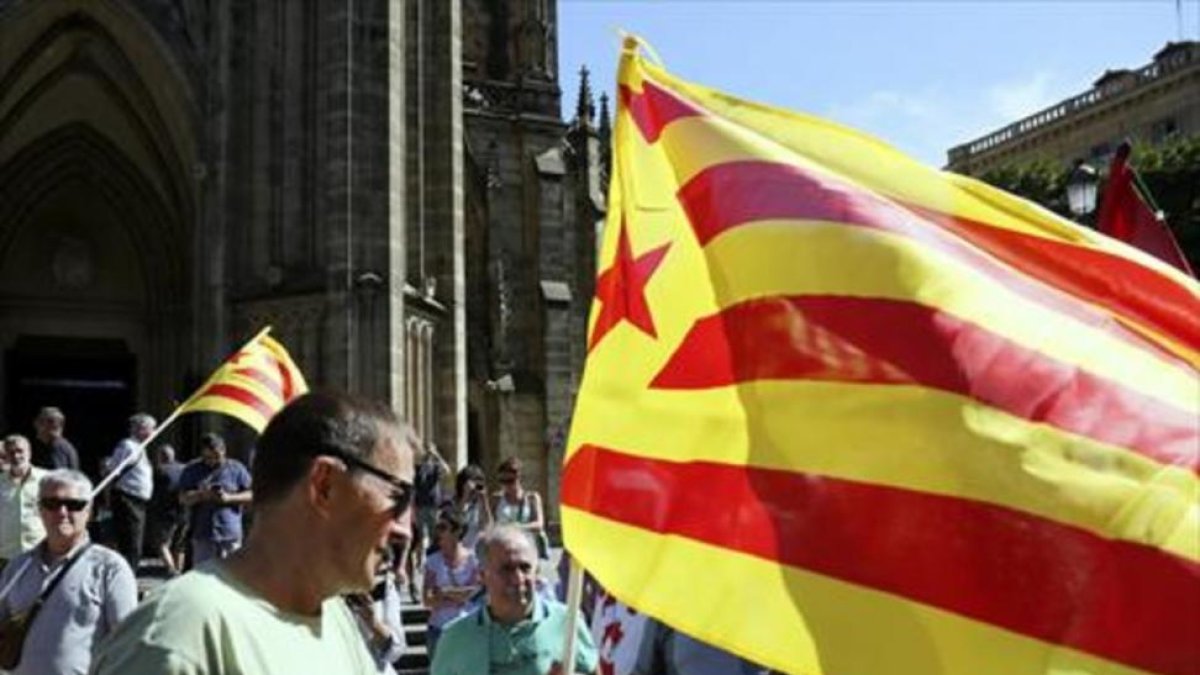 Arnaldo Otegi sostiene una estelada en la manifestación de a favor del procés en San Sebastián, el pasado 12 de agosto-EFE / GORKA ESTRADA