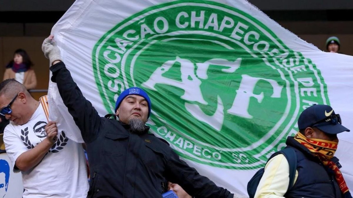 Seguidores del Club America ondean banderas del Chapecoense. /-AP / EUGENE HOSHIZO