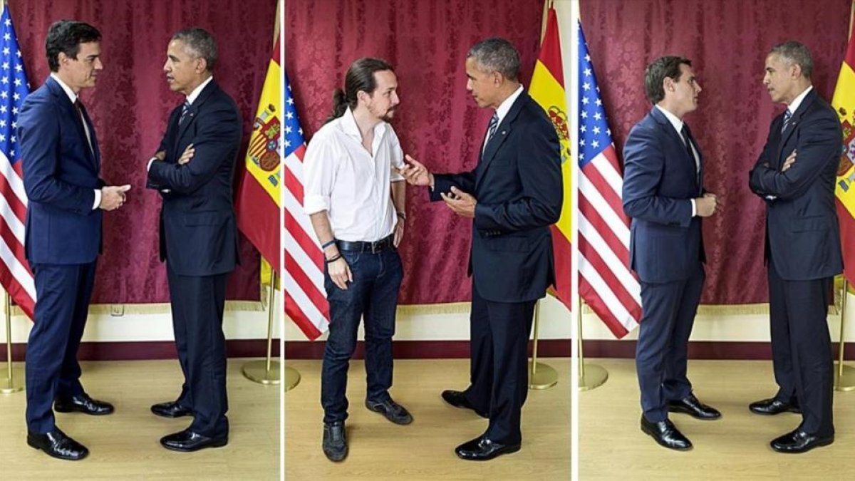 De izquierda a derecha, Obama con Sánchez, Iglesias y Rivera, el pasado domingo.-WHITE HOUSE