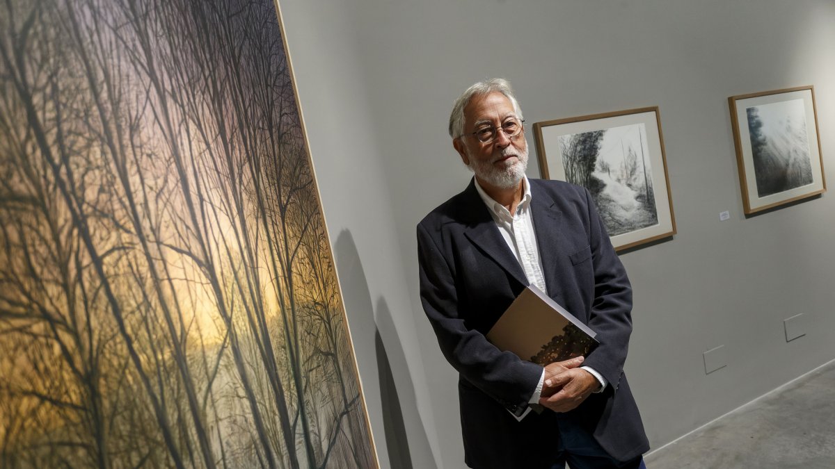 El artista asturiano Melquiades Álvarez posa delante de una de sus obras. SANTI OTERO