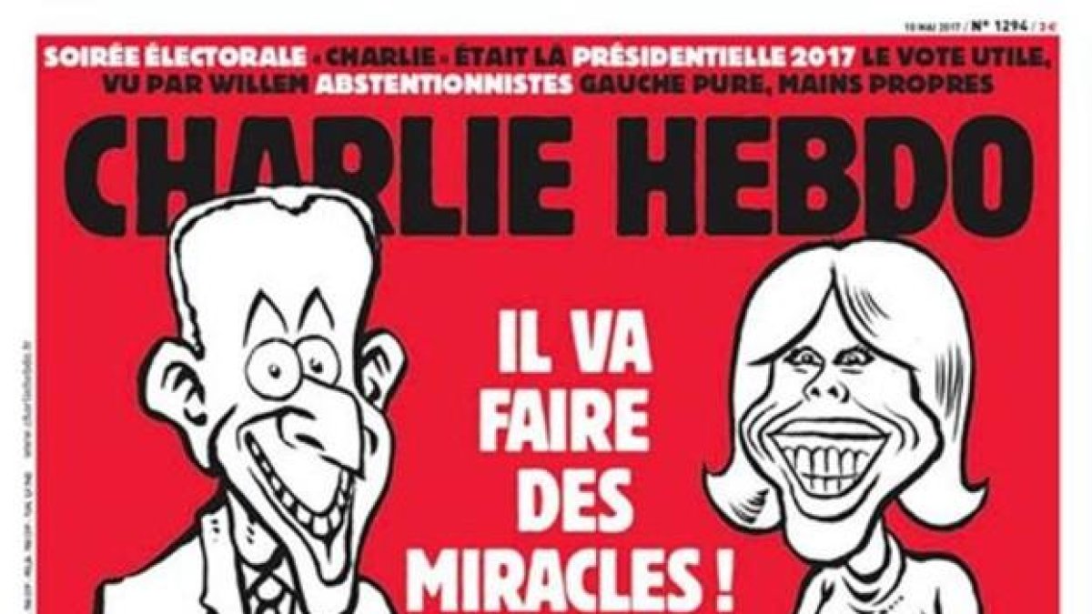 La caricatura de Charlie Hebdo que muestra un dibujo de Brigitte embarazada.-CHARLIE HEBDO