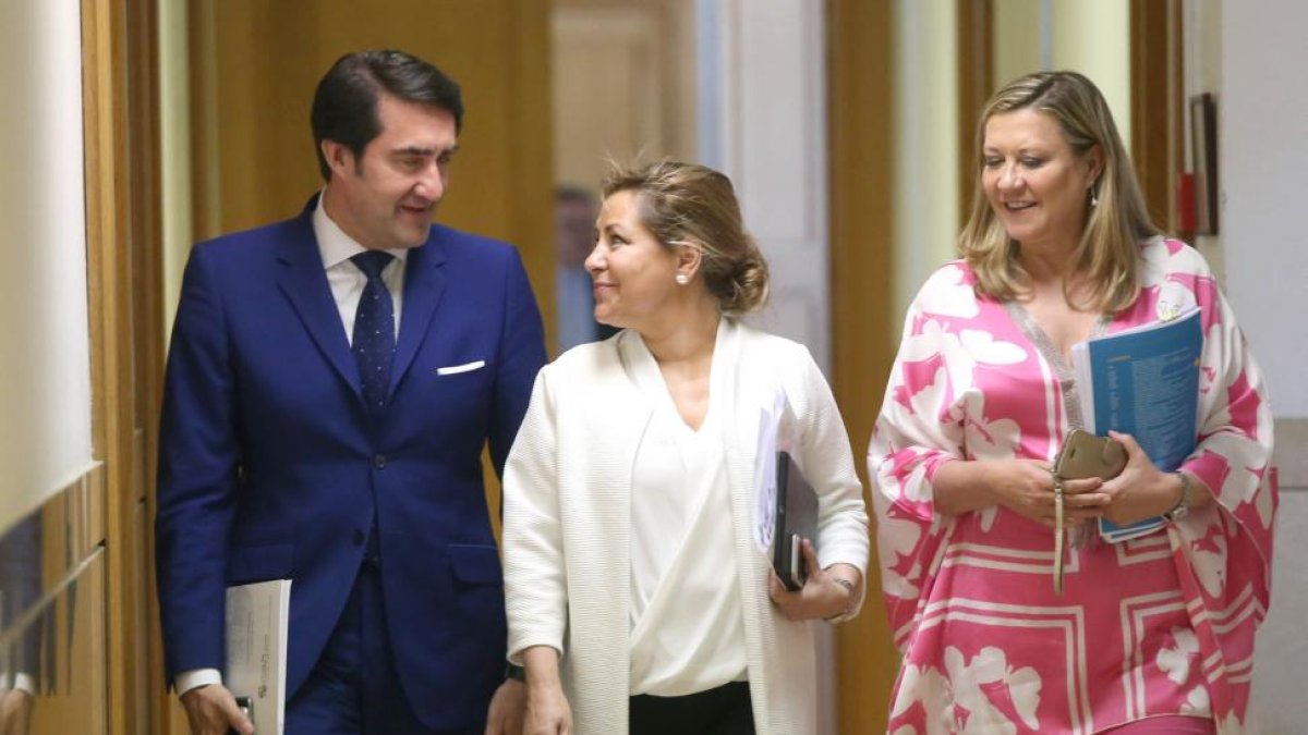 La vicepresidenta y portavoz de la Junta de Castilla y León, Rosa Valdeón; el consejero de Fomento y Medio Ambiente, Juan Carlos Suárez-Quiñones, y la consejera de Hacienda de la Junta, Pilar del Olmo, comparecen en rueda de prensa posterior al Consejo.-ICAL