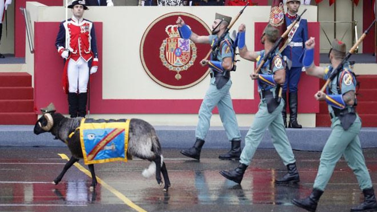 ‘Miura’, la cabra de la legión, ha desfilado en el día de la Hispanidad.-EFE