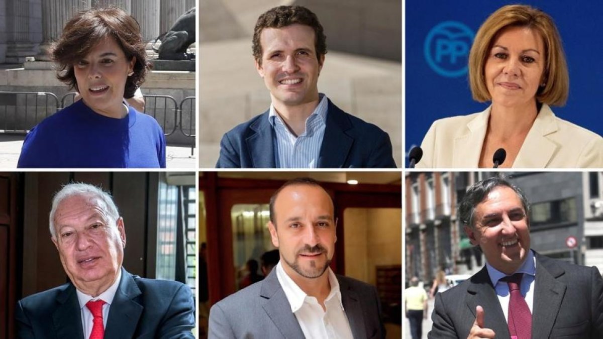Candidatos a la presidencia del PP, de izquierda a derecha y de arriba a abajo: Santamaría, Casado, Cospedal, García-Margallo, Cabanes y García-Hernández.-