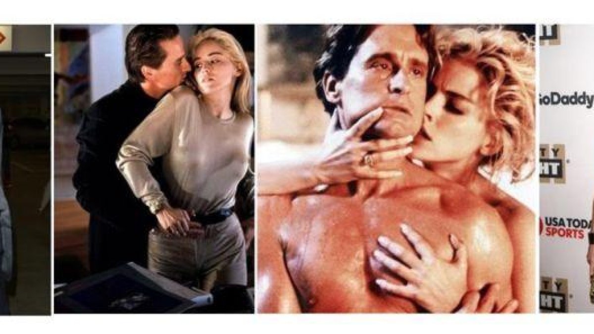 En el centro, sendas escenas de 'Instinto básico' (1992). Michael Douglas (izquierda) y Sharon Stone, en la actualidad.-