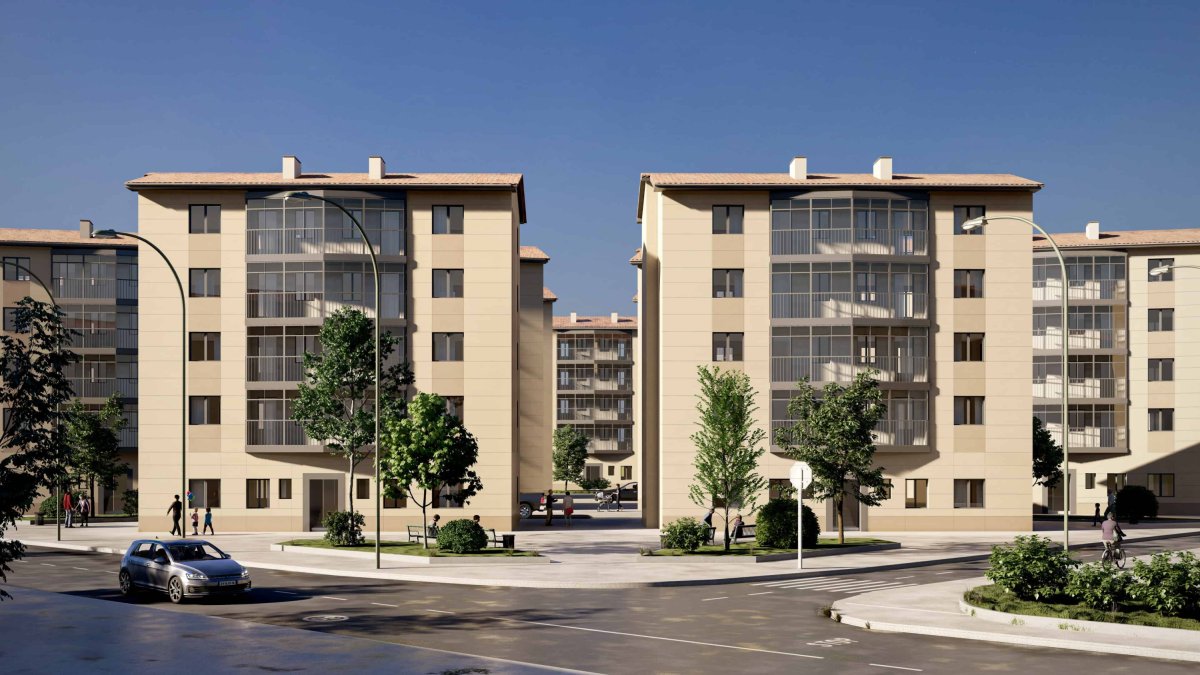 Recreación del resultado de las obras de rehabilitación con la propuesta de ejecutar fachadas ventiladas. GRUPO REHABITAT