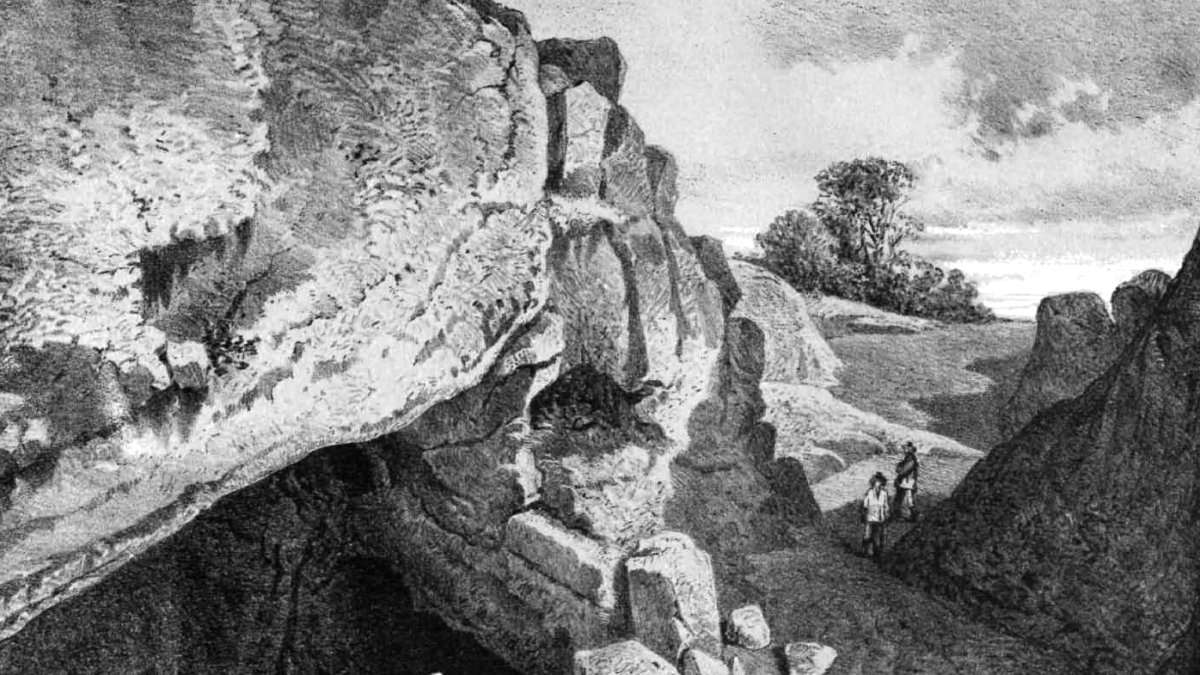 Recreación de Isidro Gil sobre la entrada de Cueva Mayor en el siglo XIX. ECB