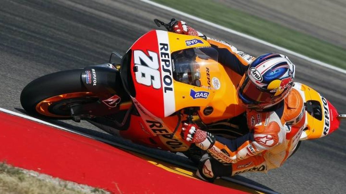 Pedrosa en los entrenamientos libres de hoy en el circuito de Motorland de Alcañiz.-