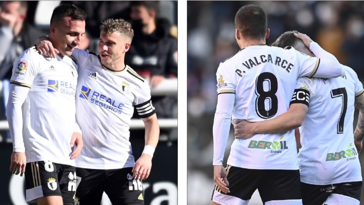 Valcarce y Juanma celebran dos goles con el Burgos CF. LALIGA