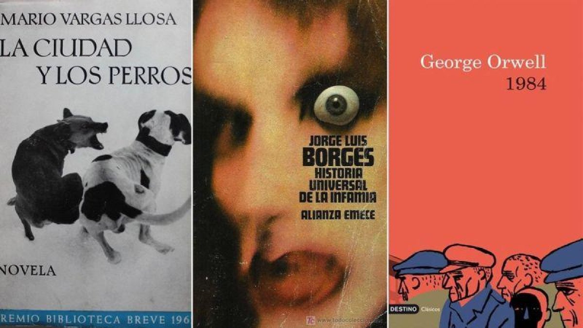 Primera edición de La ciudad y los perros (Mario Vargas Llosa, Seix Barral); la portada de Historia universal de la infamia, de Borges, obra de Daniel Gil (Alianza); y la de 1984, de George Orwell, en Destino.-EL PERIÓDICO