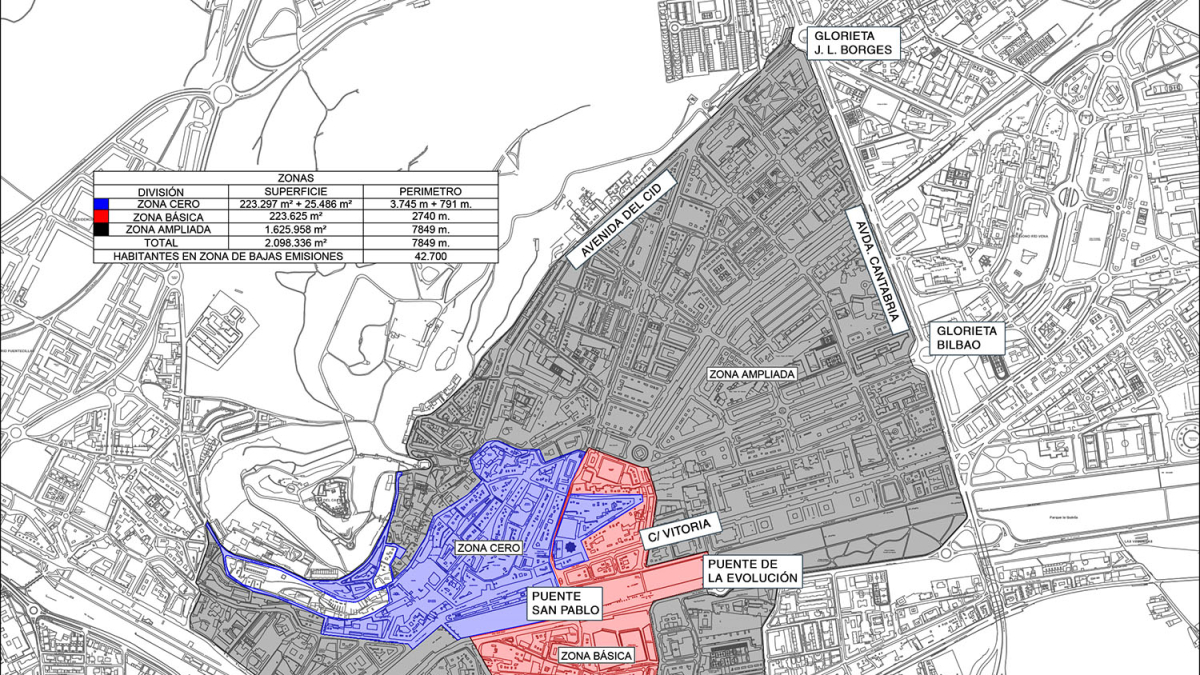 Mapa de las calles afectadas por la Zona de Bajas Emisiones de Burgos. ECB