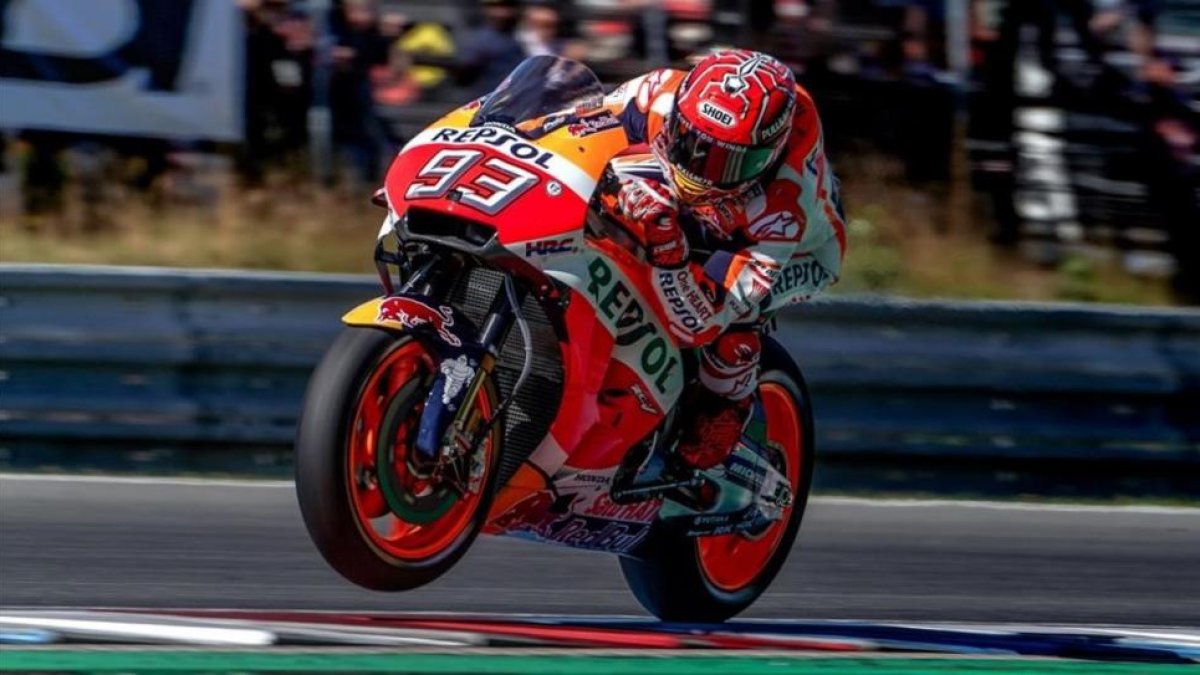 Marc Márquez (Honda), durante su vuelta salvaje de hoy en Brno-ALEJANDRO CERESUELA
